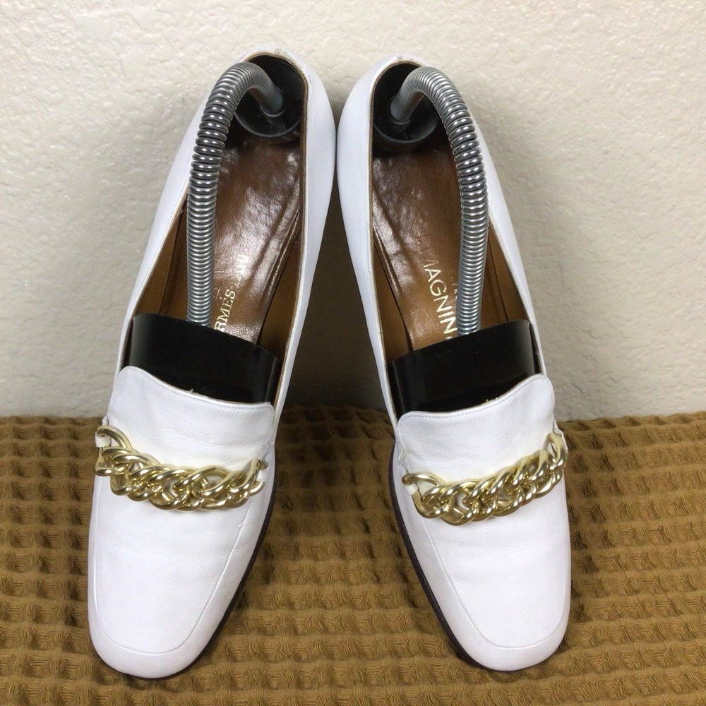 Vintage Hermes Paris I. MAGNIN Womens Sz 8 2A Shoes White Gold Heels Loafers - Picture 7 of 7